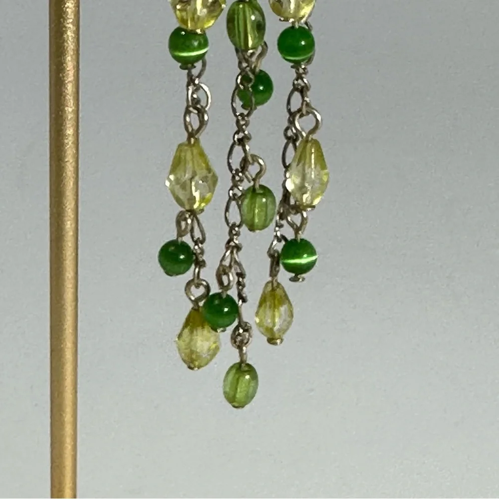 Green Beaded Silver Tone Chandelier Dangle Earrings Multi Chain Boho Fairy Gypsy